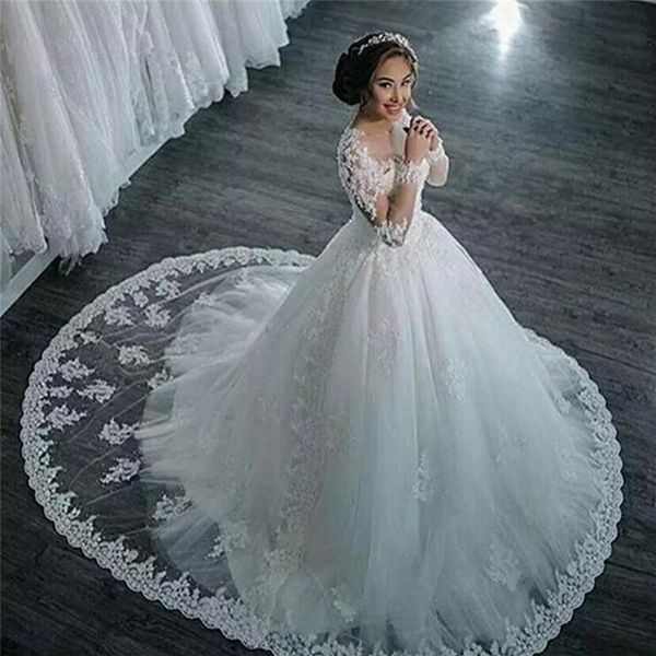 

illusion White/Ivory Wedding Dresses 2024 Long Sleeves Appliques Lace Beads Sequins Bride Dress Princess Tulle Wedding Gowns, Champagne