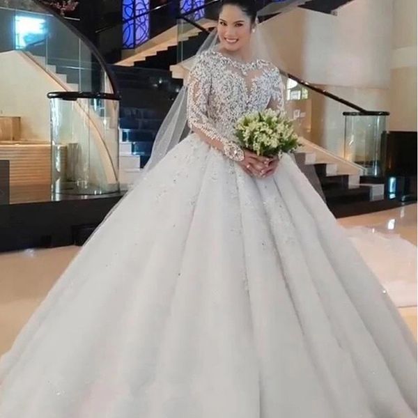 

2024 Luxury Beading Crystal Ball Gown Wedding Dresses Elegant Long Sleeves Bride Gowns Vestidos De Novia Princess Wedding Dress Gowns, White
