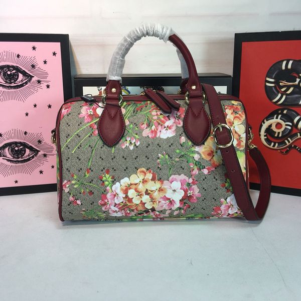 

Boston Bag Women Tote Bags Canvas Handbag Fashion Classic Letter Print Open Handle Genuine Leather High Quality Pouch Internal Zipper Pocket, Fuchsia