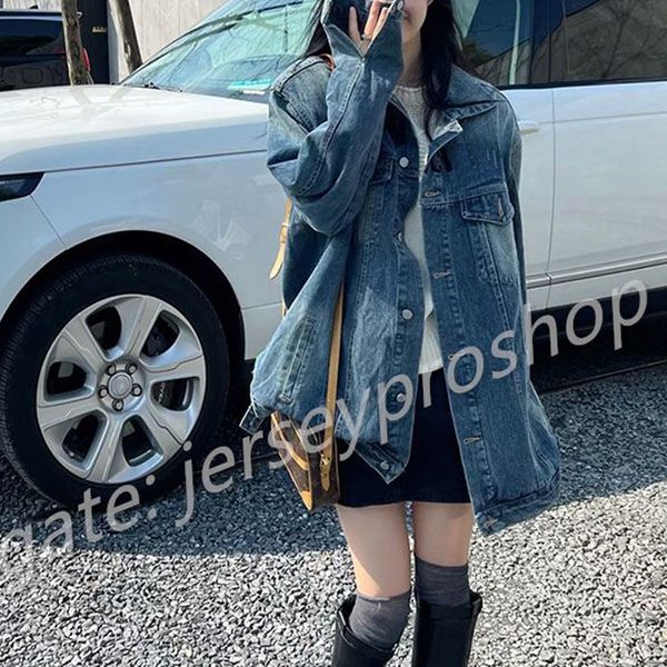 

Fashion Vintage Coat Letter Embroidery Loose Washed Denim Coat Long Sleeve Denim Blue S-XL