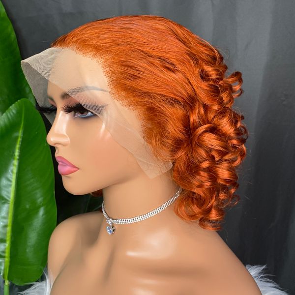 

Brazilian Malaysian Peruvian Indian 100% Raw Remy Human Hair Orange Loose Wave 13x4 Transparent Lace Wig Lace Frontal Short Wig