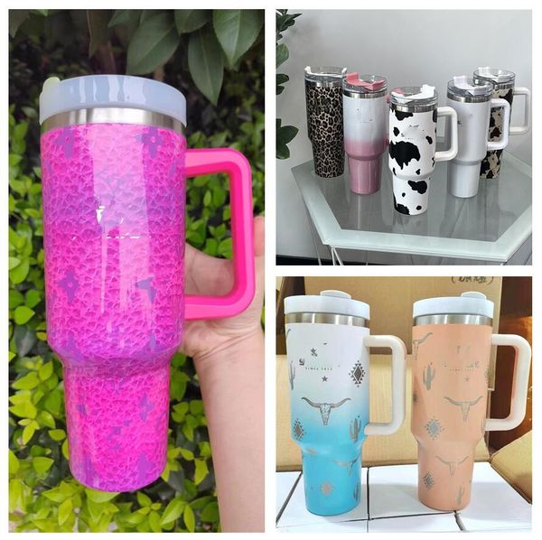 

40OZ Designer Cups With Adventure Leopard Cow Old wer Design Tumblers Handle Lids And Straws Car Mugs vacuum Insulated Drinking Water Bottles, White