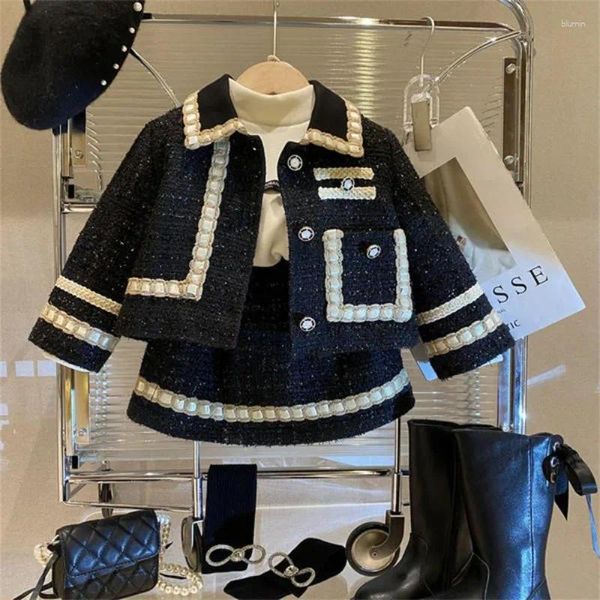 

Clothing Sets Girl 2 Piece Tweed Set Winter Suit Clothes for Children's Cotton Padded Jacket Coat Skirt Kids Classic Outfits, Black set