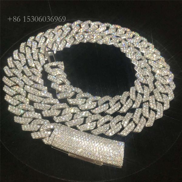 

Iced Out 15Mm Mens Miami Link Necklace Hip Hop VVS Moissanite Diamond Bling Prong Sier Cuban Chain