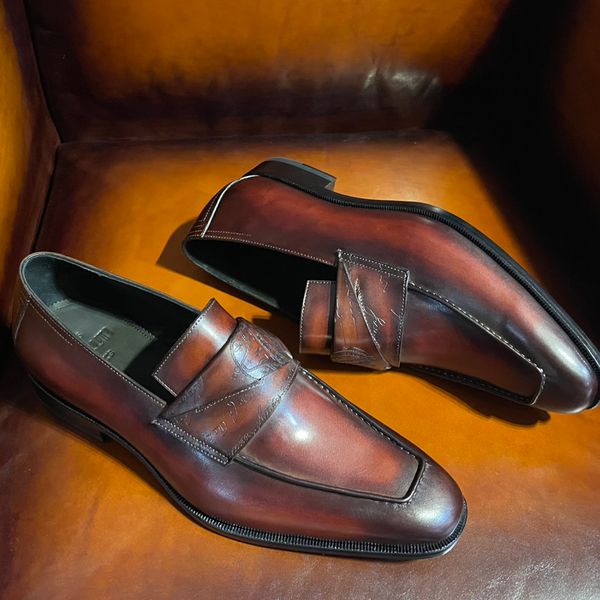 

Pure handmade men's shoes high-end men's Lefu formal leather shoes cowhide upper crossbar genuine leather sole pure hand-painted-painted, Brown