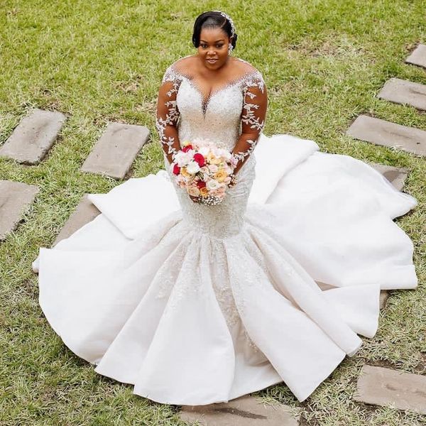 2023 Nov Arabic Aso Ebi Plus Size Luxurious Mermaid Lace Wedding Dress Beaded White Bridal Gowns Dresses ZJ1053