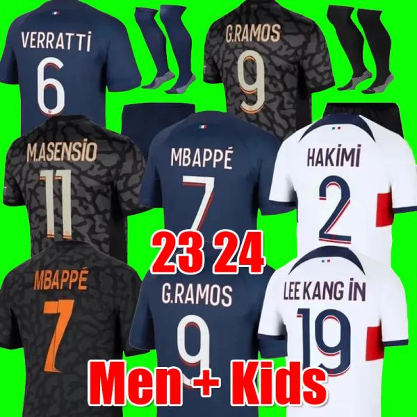 

MBAPPE Soccer Jerseys HAKIMI SERGIO RAMOS VERRATTI DANILO SANCHES 22 23 24 Maillots Football Shirt Men Kids Kit Hommes Enfants Football Jerseys 3XL 4XL 2023 2024, 23 24 away adult + patch