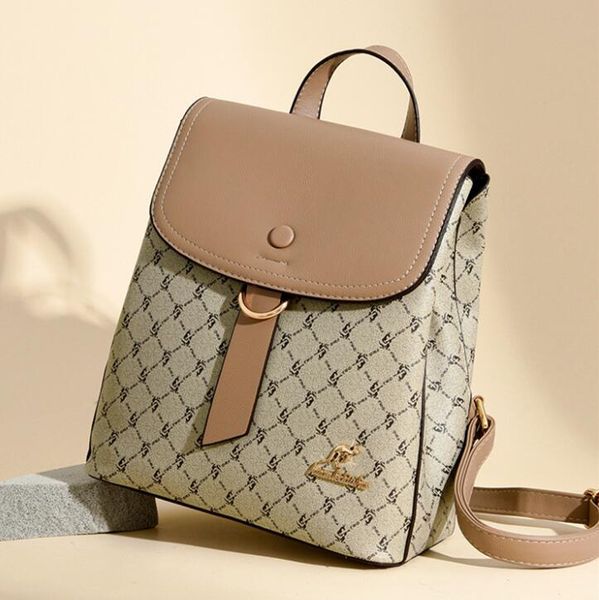 

Personality womens shoulder bag 5 colors elegant retro printed handbag three layer padded leather leisure backpack sweet little fresh rhombic fashion backpacks, Beige