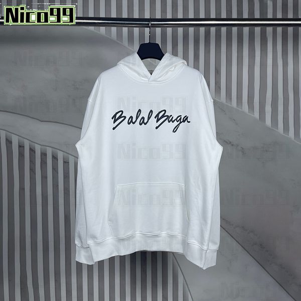 

23ss Handwritten font solid color BA letters printed pattern cotton loose versatile men and women fashion casual autumn and winter large size hoodie, White