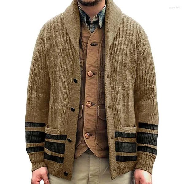 

Men's Sweaters Long Sleeve Cardigan Sweater Knitted Coat Jacquard Stripe Lapel Retro Casual Autumn Winter Style, Black