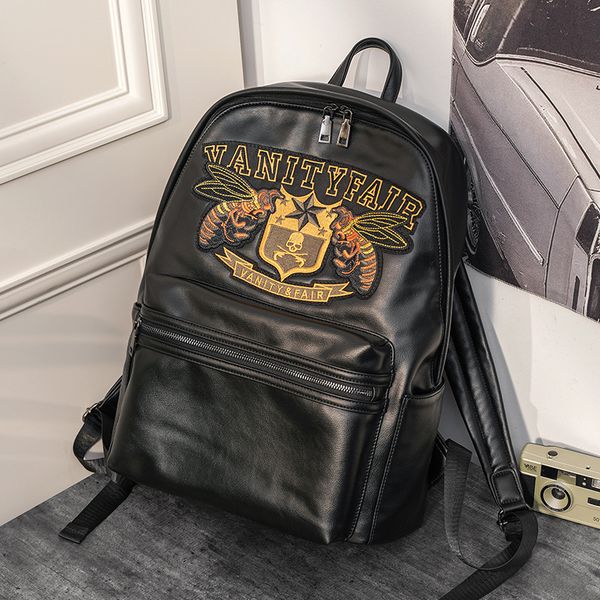 

Outlet factory men handbag personalized embroidered mens backpacks street trend printed leather student bags original design embroidereds backpack 3071, Black