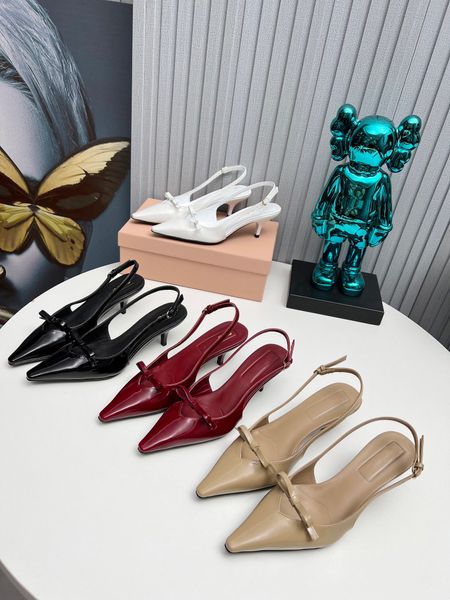 Women Sandals high quality Luxury Bowknot Pointed Toe Roman High Heels pumps Stiletto Shallow Kitten Heel Sandals Women Real Patent Leather Runway Shoes