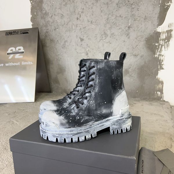 Top Quality Retro Paint-Splatter Boots Black Round Toe Height Increasing Women's Boots Punk Lace Up Genuine Leather Knight short Boots Winter