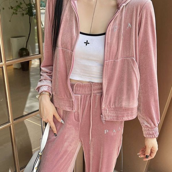 

Women' Sets Autumn New Fashion Heavy Industry Hot Diamond Letter Simple Casual Velvet Hooded Coat+Straight Tube Casual Pants, Black