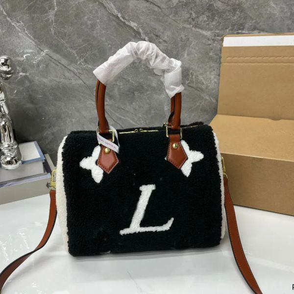 

23WF Womens Designer Boston Handbags Lamb Wool Shoulder Bags Classic Winter Totos Colorful Crossbody Purses Top Quality Soft Bag, Black1