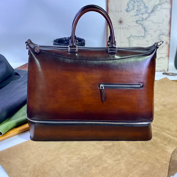 

Handmade travel bag tote bag shoulder bag leather travel bag ancient method handmade coloring process one independent jacquard compartment can store a pair of shoes, Brown