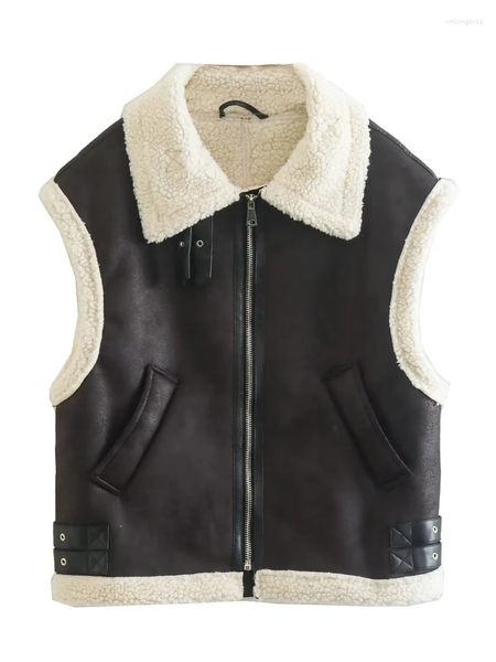 

Women' Vests Plush Sleeveless Patchwork Lapel Vest Outwear Jacket For Women Casual Zipper Pocket Cardigan Vintage Loose Winter Female Coat, Black