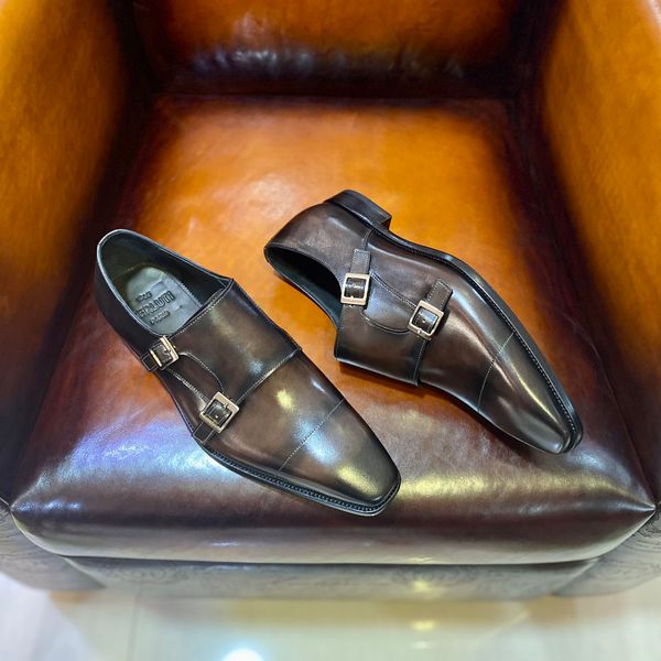 

Equilibre leather double button monk shoes men's patchwork leather comfortable formal attire high end leather outer pure handmade hand painted, Red