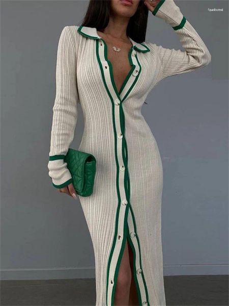 

Casual Dresses Women Patchwork Lapel Maxi Dress Sexy Long Sleeve Single Breasted High Waist 2023 Elegant Female Street Party Vestidos, Blue