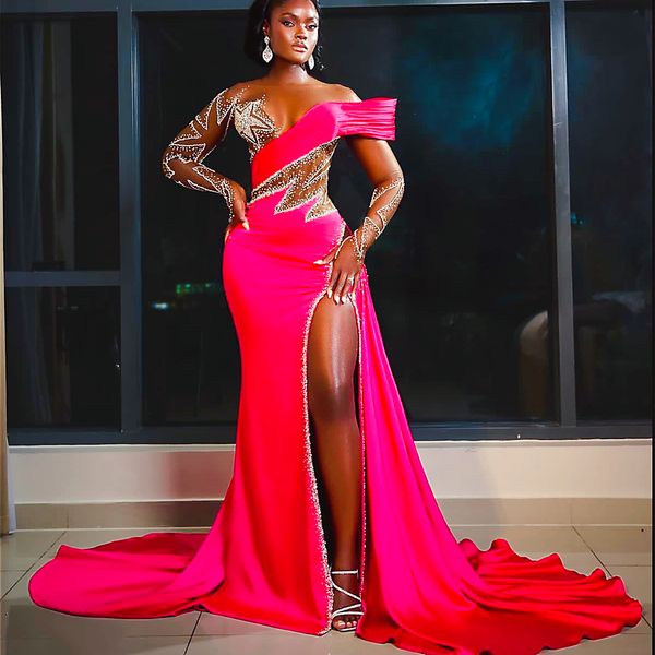 2023 Oct Aso Ebi Arabic Fuchsia Mermaid Prom Dress Beaded Crystals Evening Formal Party Second Reception Birthday Engagement Gowns Dresses Robe De Soiree ZJ262