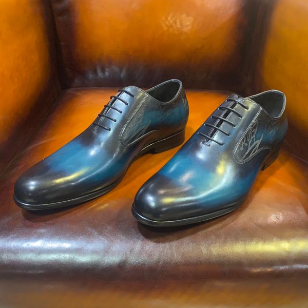 

Men's leather shoes are handmade with classic scrito pattern leather Derby shoes business suit shoes handmade color changes, Brown