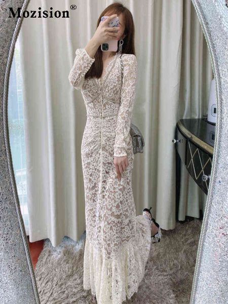 

casual dresses mozision autumn women's new hand-made diamond lace dress long sleeve dress v-neck slim dress t220831, Black;gray