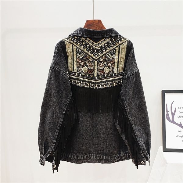 

women's jackets boho denim spring vintage floral embroidery suede fringe loose long sleeve jean casual ropa de mujer 220901, Black;brown