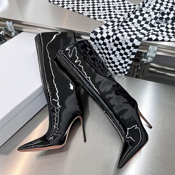 

amina muadi luxury fashion boots women's pointed patent leather shiny autumn and winter 10.5cm night club banquet party thin high heel, Black
