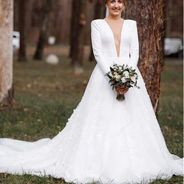 

new plus size a line wedding dresses open back vintage beach bridal gowns sheath deep v-neck long sleeves for boho wedding wear, White