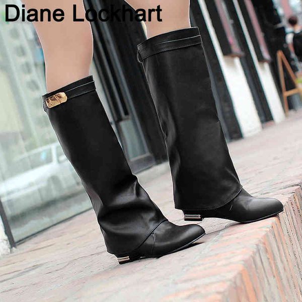 

boots women buckle belt flock leather low heel women's boot autumn winter loose shoes female black booties knee high 33-43 220901