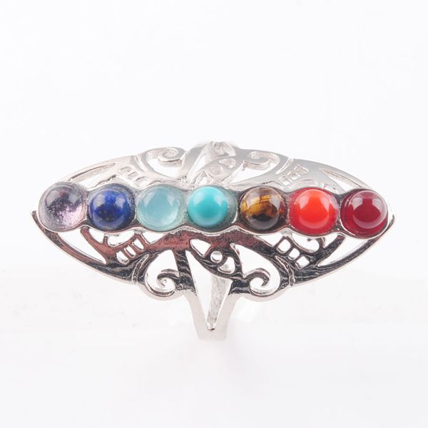 

7 chakra healing reiki natural stone beads rainbow flower adjustable rings for women finger ring fashion jewelry x3009, Golden;silver