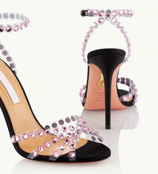 

perfect summer tequila pvc leather sandals women strappy crystal-embellish high heels famous lady sandalias eu35-43 eubox, Black