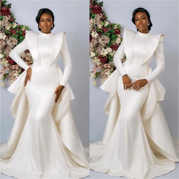 

high neck wedding dress for women 2022 bride mermaid satin vestido de novia detachable train long sleeved wedding gowns, White