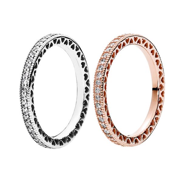 

women mens sparkle hearts wedding rings 925 sterling silver rose gold designer for pandora full cz diamond girlfriend gift ring set with ori, Slivery;golden
