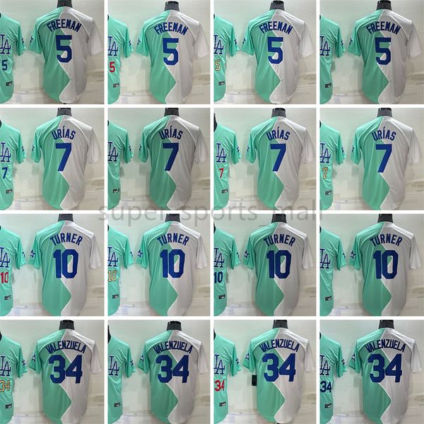 

2022 new baseball jersey 7 julio urias 34 fernando valenzuela 10 justin turner 5 freddie an blue and white half color stitched jerseys men s, Blue;black