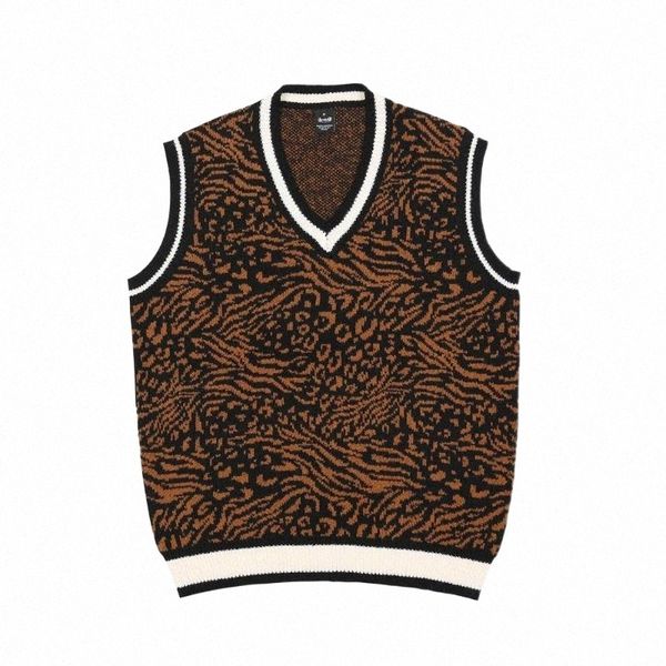 

men's vests men's vests leopard print sweater vest streetwear fashion brand loose casual v-neck sleeveless men women waistcoat o6t, Black;white