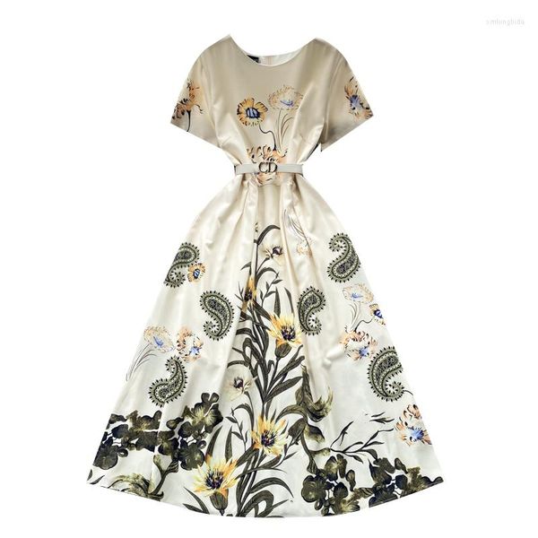

casual dresses women summer retro print thin a-line banquet dress round neck short sleeve clothes, Black;gray