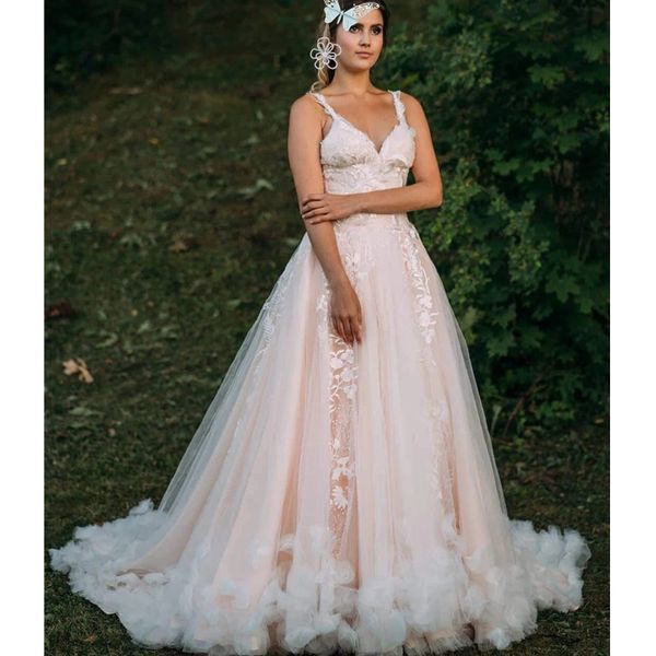 

women wedding dress spagetti strap long dress v-neck tulle sleeveless a-line hand made flower floor length bridal gowns, White