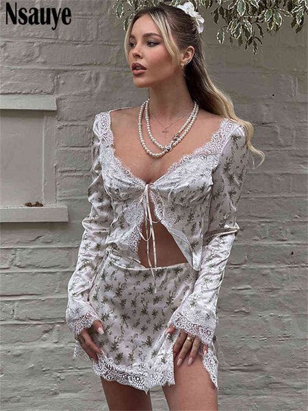 

women's tracksuits nsauye mini floral women skirt dress two piece set summer long sleeve and lace patchwork high waist skirt autumn se, Gray