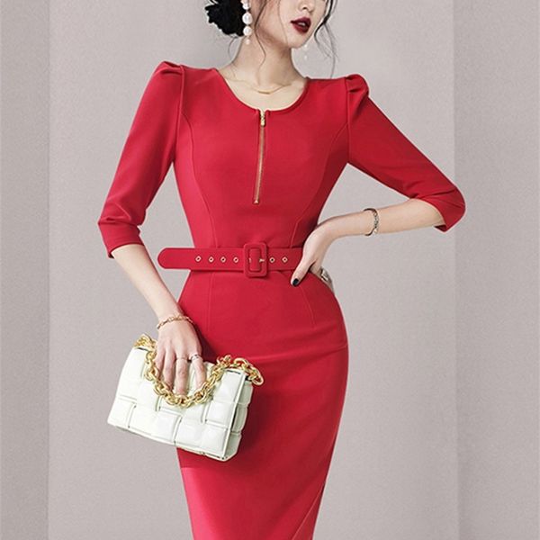 

work dresses profession office lady summer blue red oneck 34 sleeves high waist with belt tight temperament ol women 220901, White;black