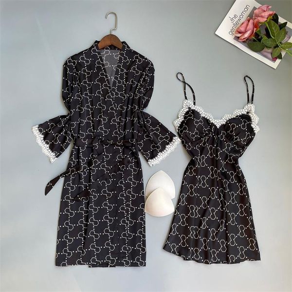 

summer print flower kimono womens sleepwear robe set lace home clothing, Black;red