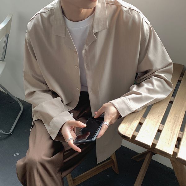 

men s casual shirts men solid color blazer collar long sleeve loose oversize dress shirt vintage hip hop high street all match spring outwea, White;black