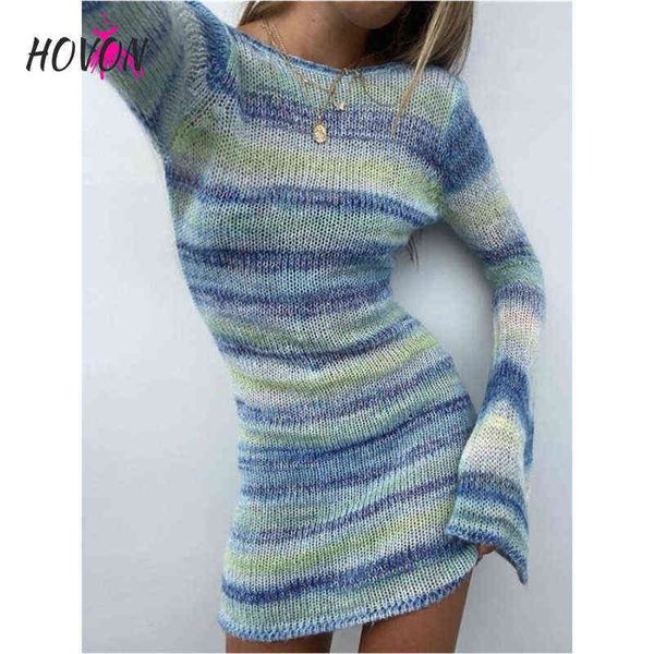 

casual dresses hn autumn winter striped backless knitted sweater dresses for women elegant long flare sleeve casual bodycon mini dress t2208, Black;gray