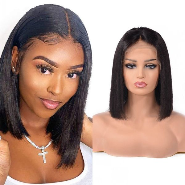 

13x4 hd lace front bob wigs human hair 130% straight natural color middle part indian remy hair wig, Black;brown
