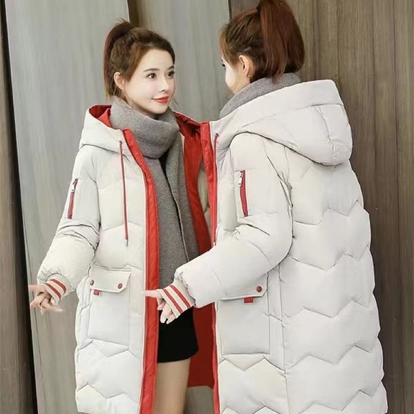 

women's down parkas women beige oversize long hooded autumn winter sleeve buttons pockets female warm coat thick cotton jacket 220901, Black