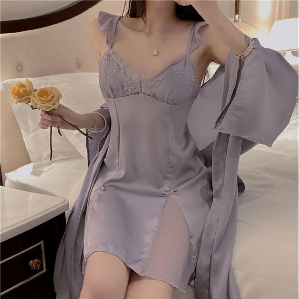 

spaghetti strap nightdress summer sleepwear lace bathrobe two piece set, Black;red