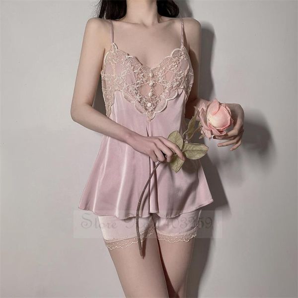 

patchwork lace strap amp shorts sleepwear two piece set summer women, Black;red