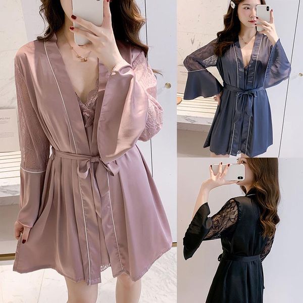 

flare lace sleeve kimono sleepwear robe satin homewear nightgown short, Black;red