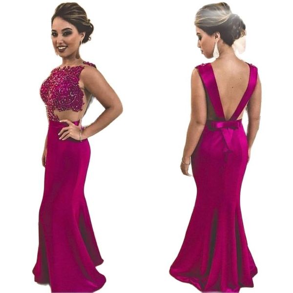 

long fuchsia mermaid beaded lace prom dresses robe de soiree satin open back floor length formal party evening gowns, Black