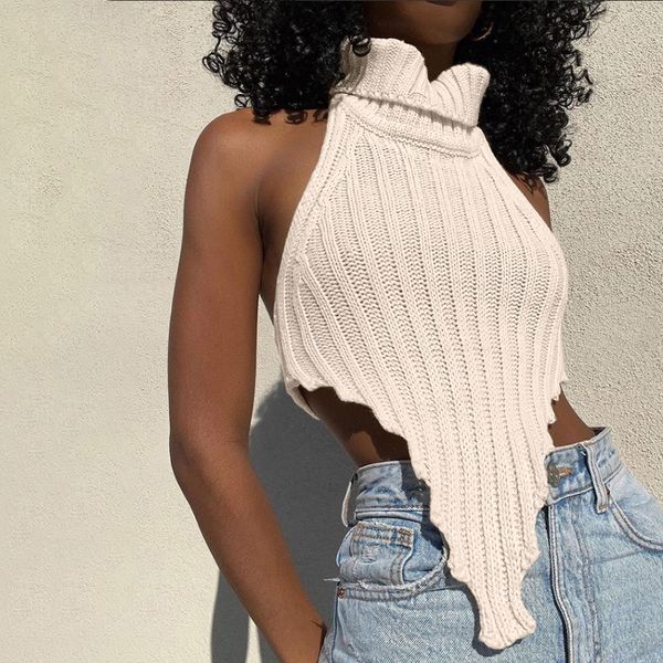 

women's tanks & camis solid color high collar irregular inside fit knit vest, White